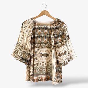 Calvin Klein Puff Sleeve Blouse Size S Cream Tan Print Career Office Casual